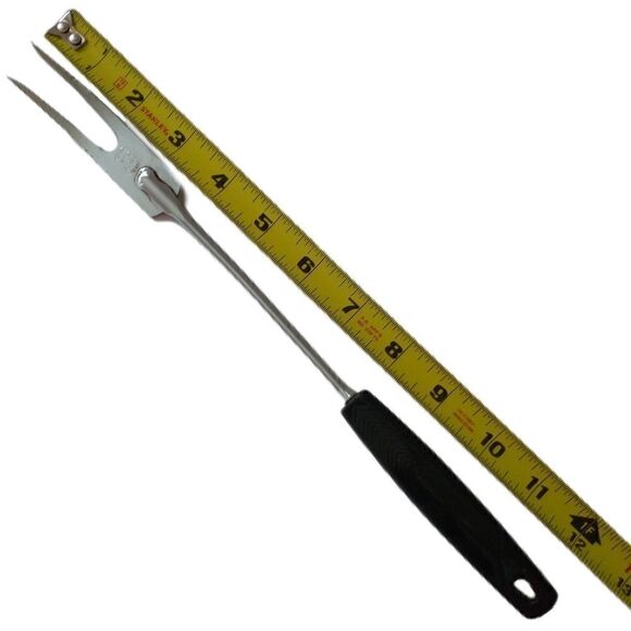 Vintage FOLEY Meat Fork Chrome Plated Carving Serving Black Handle USA Retro - Picture 2 of 16